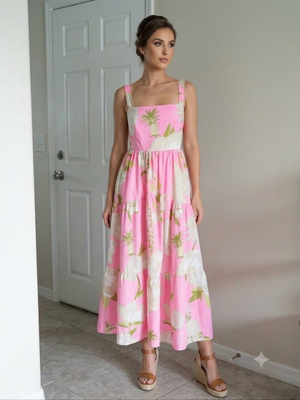 FARM Rio Pineapple Bloom Pink Tropical Tiered Maxi Dress Size P/small‎